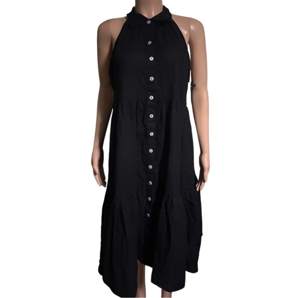 NWT NICOLE MILLER NEW YORK Linen Blend Black Halter Button-Down Midi Dress - Picture 1 of 11